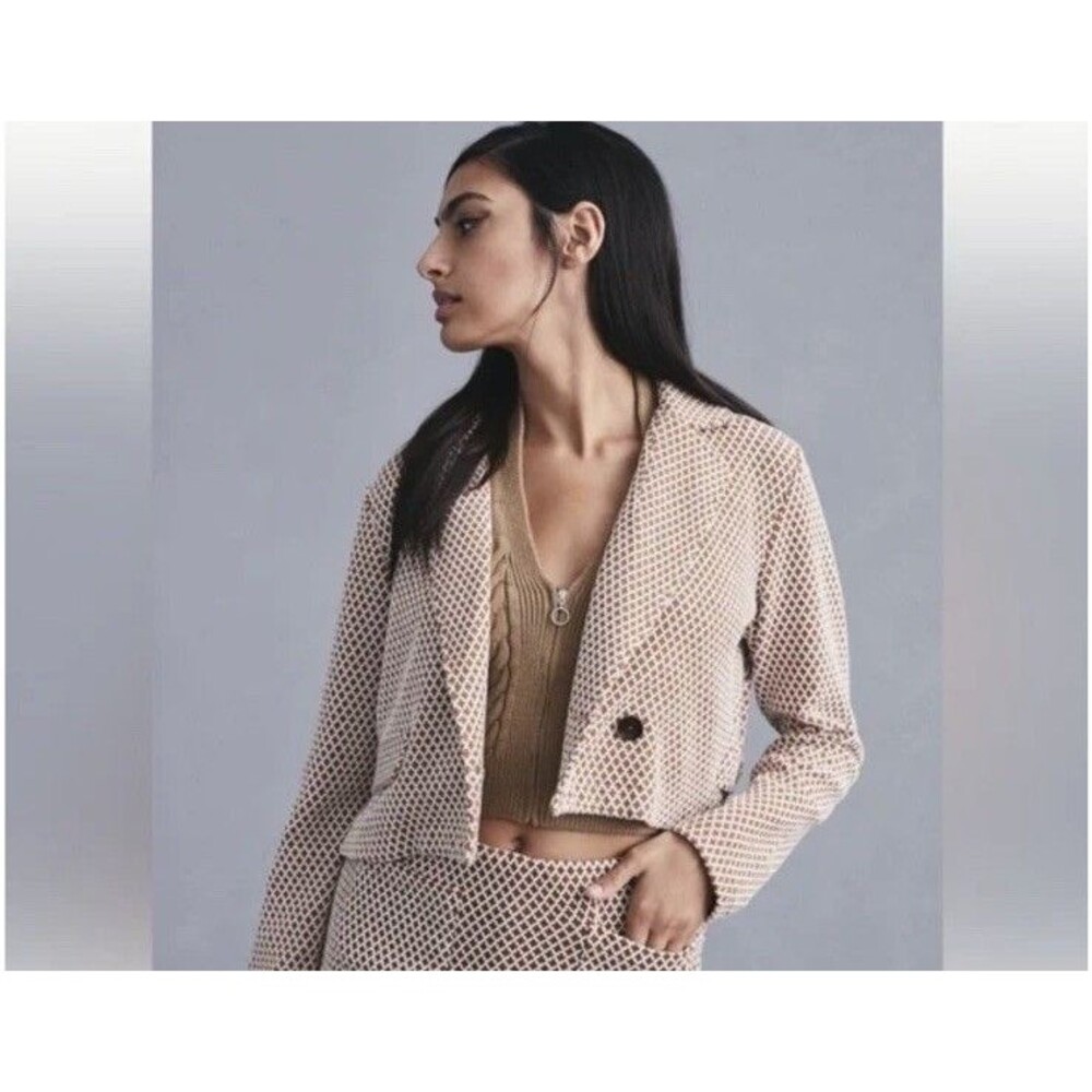 Anthropologie Maeve Knit Blazer Brown Geo Print Crop Jacket button Size L Prep